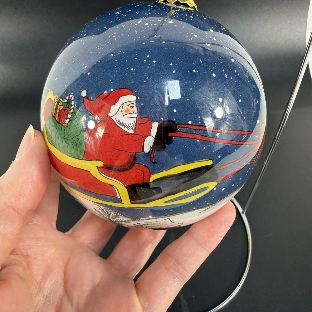 Pier 1 Li Bien 1999 Christmas Ornament Ball Santa Sleigh Hand Painted Cabin